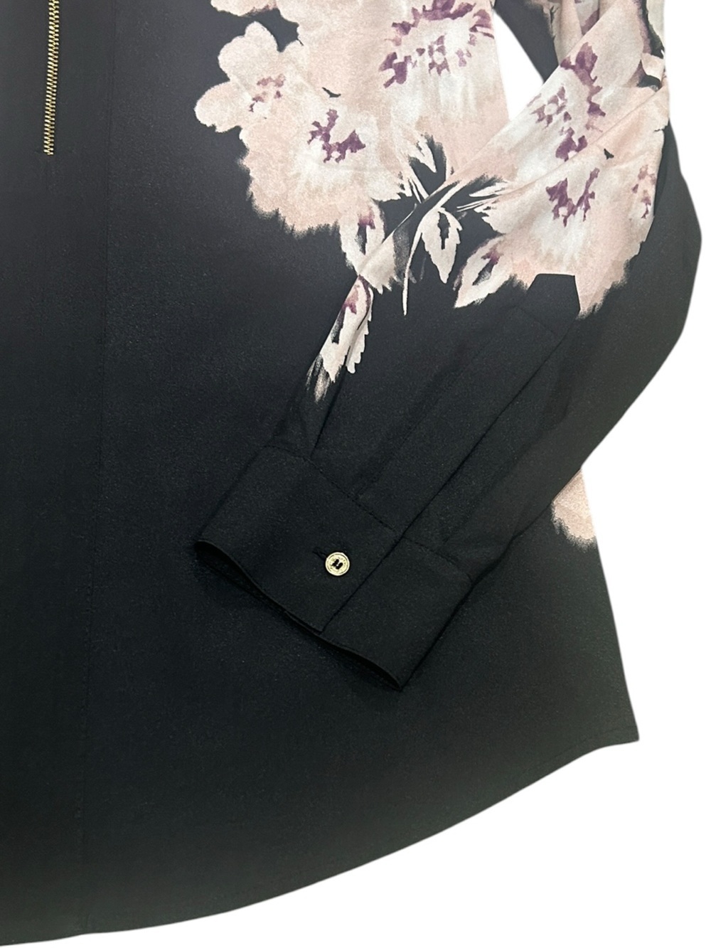 Calvin Klein Black Blouse with Blush Floral Print gold zippered front sz large - Picture 8 of 11